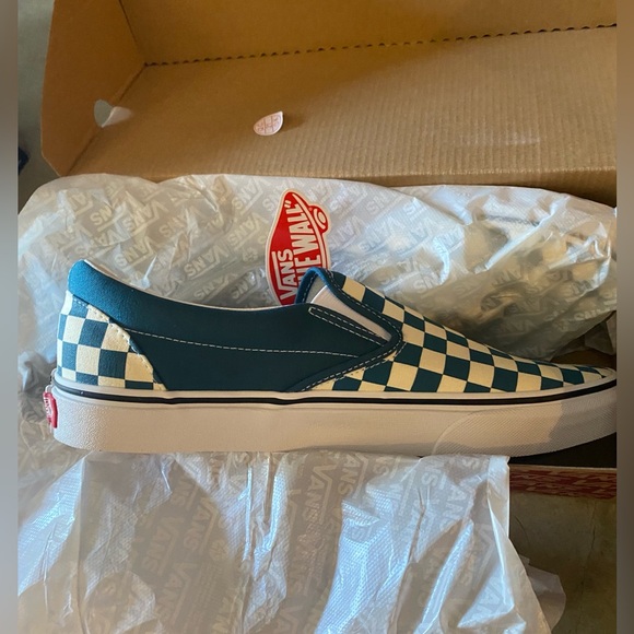 VANS Classic Slip On Checkerboard Skate Shoes, Blue Coral/True White - Picture 7 of 8